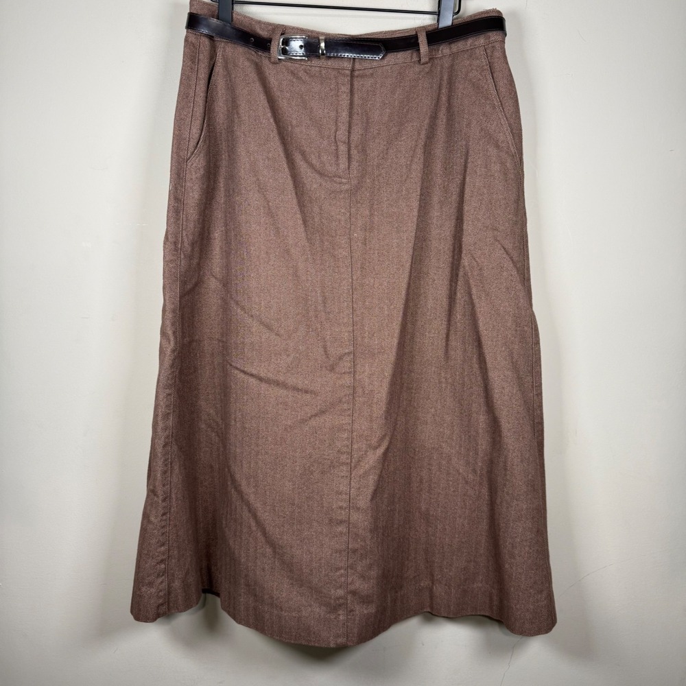 L.L. Bean Classic Fit Brown Herringbone Belted Maxi Skirt 10 British Countryside